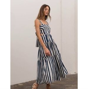 Moon River Navy and White Striped Midi Dress